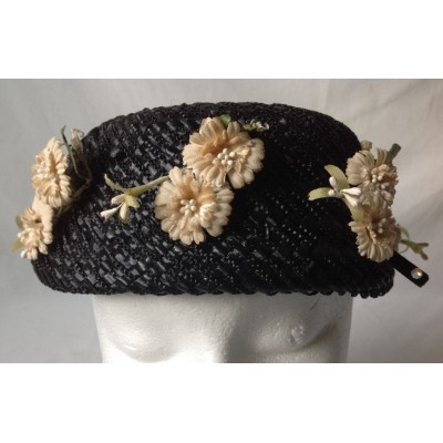 Vintage Dana Marte Original Black Woven Hat w Flowers  eb-42503562